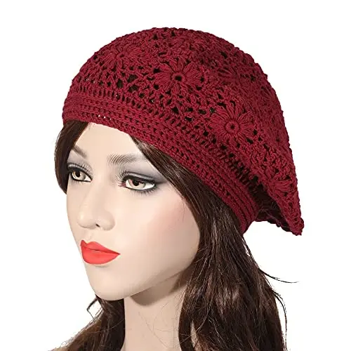 ZLYC Women Cotton Slouchy Crochet Beret Handmade Cutout Floral Beanie Hat - 2