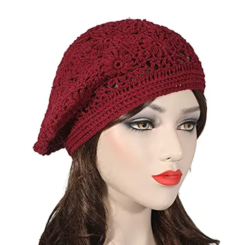 ZLYC Women Cotton Slouchy Crochet Beret Handmade Cutout Floral Beanie Hat - 3
