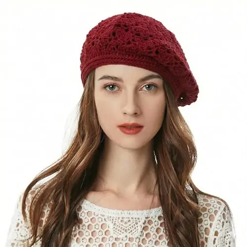 ZLYC Women Cotton Slouchy Crochet Beret Handmade Cutout Floral Beanie Hat 