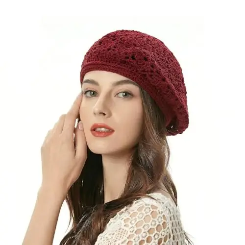 ZLYC Women Cotton Slouchy Crochet Beret Handmade Cutout Floral Beanie Hat - 2