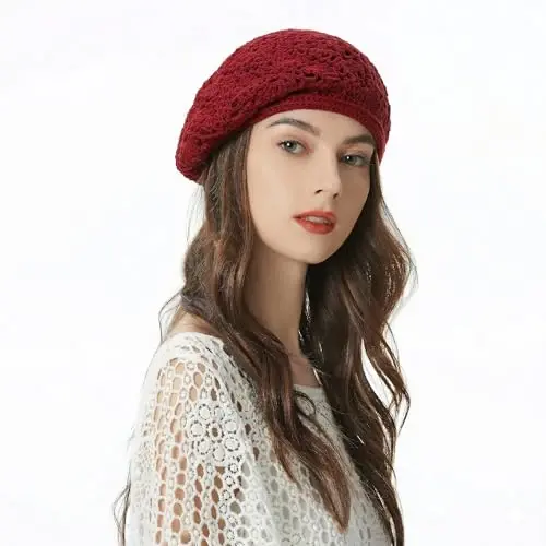 ZLYC Women Cotton Slouchy Crochet Beret Handmade Cutout Floral Beanie Hat - 3