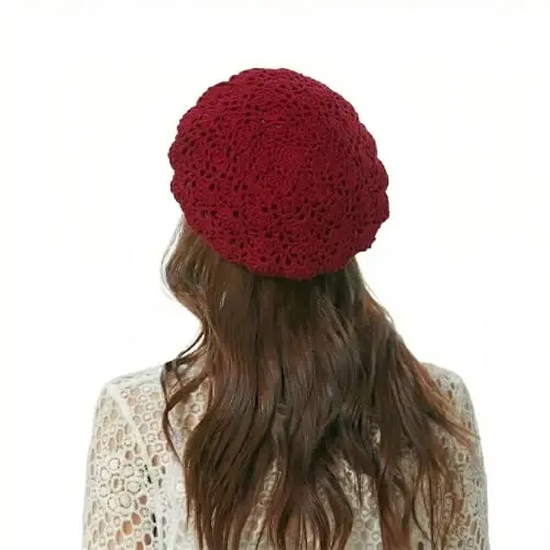 ZLYC Women Cotton Slouchy Crochet Beret Handmade Cutout Floral Beanie Hat - 4