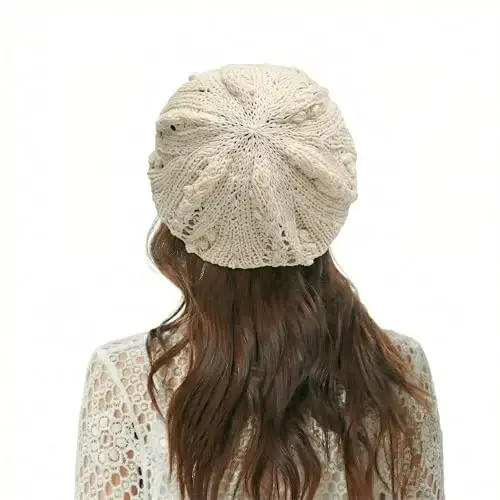ZLYC Women Cotton Slouchy Crochet Beret Handmade Cutout Floral Beanie Hat - 4