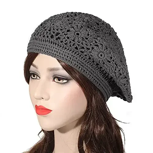 ZLYC Women Cotton Slouchy Crochet Beret Handmade Cutout Floral Beanie Hat - 2