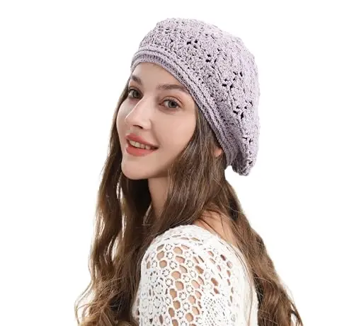 ZLYC Women Cotton Slouchy Crochet Beret Handmade Cutout Floral Beanie Hat - 9