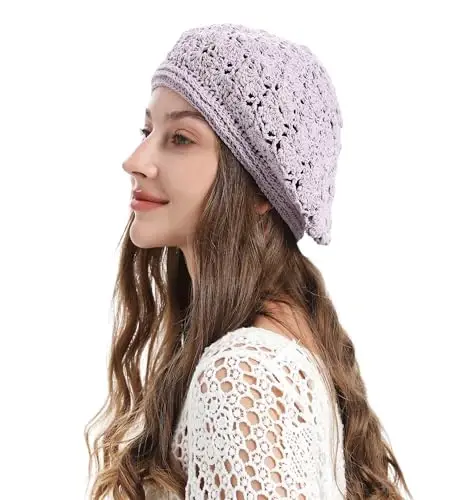 ZLYC Women Cotton Slouchy Crochet Beret Handmade Cutout Floral Beanie Hat - 10