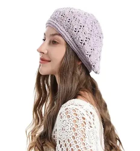 ZLYC Women Cotton Slouchy Crochet Beret Handmade Cutout Floral Beanie Hat - 3