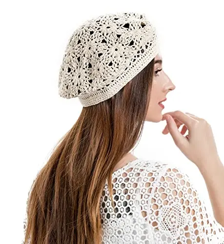 ZLYC Women Cotton Slouchy Crochet Beret Handmade Cutout Floral Beanie Hat - 3