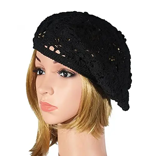 ZLYC Women Cotton Slouchy Crochet Beret Handmade Cutout Floral Beanie Hat - 4