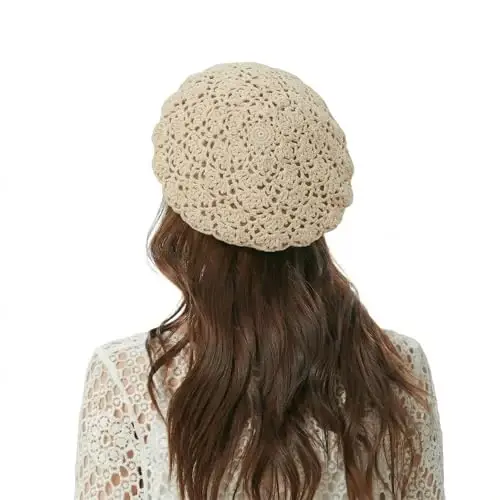 ZLYC Women Cotton Slouchy Crochet Beret Handmade Cutout Floral Beanie Hat - 4