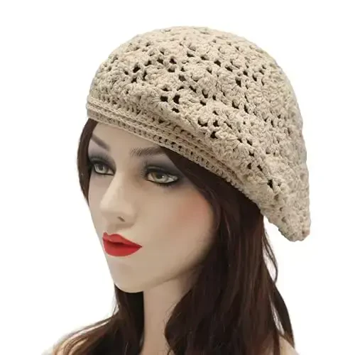 ZLYC Women Cotton Slouchy Crochet Beret Handmade Cutout Floral Beanie Hat - 2