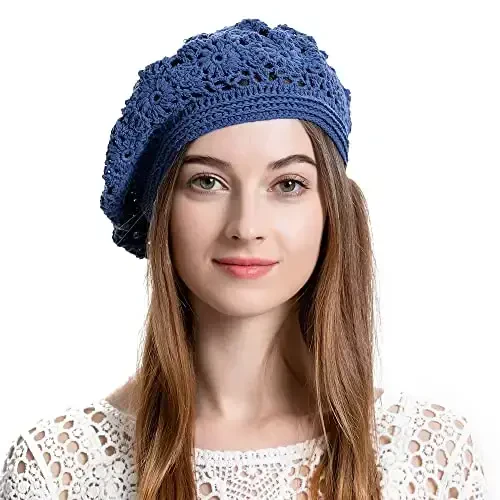 ZLYC Women Cotton Slouchy Crochet Beret Handmade Cutout Floral Beanie Hat 