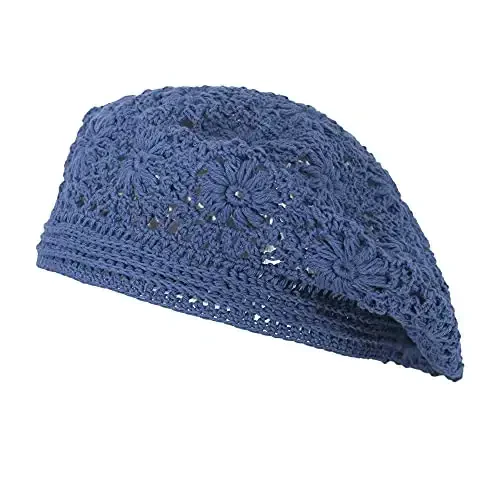 ZLYC Women Cotton Slouchy Crochet Beret Handmade Cutout Floral Beanie Hat - 4