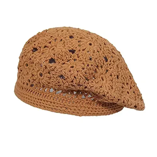 ZLYC Women Cotton Slouchy Crochet Beret Handmade Cutout Floral Beanie Hat - ZLYC