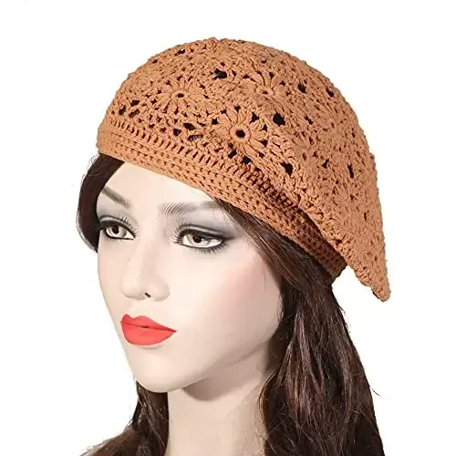 ZLYC Women Cotton Slouchy Crochet Beret Handmade Cutout Floral Beanie Hat - 2