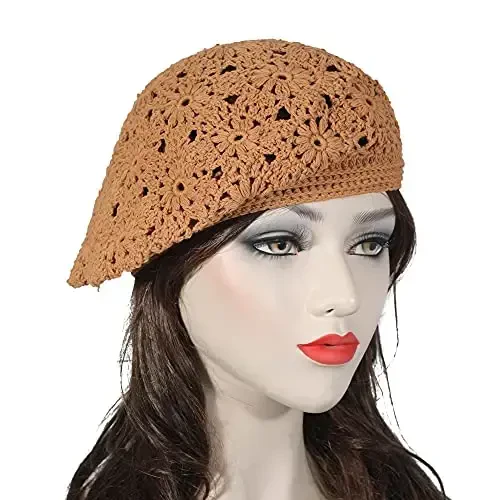 ZLYC Women Cotton Slouchy Crochet Beret Handmade Cutout Floral Beanie Hat - 3