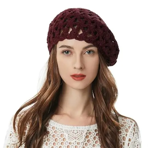 ZLYC Women Cotton Slouchy Crochet Beret Handmade Cutout Floral Beanie Hat 