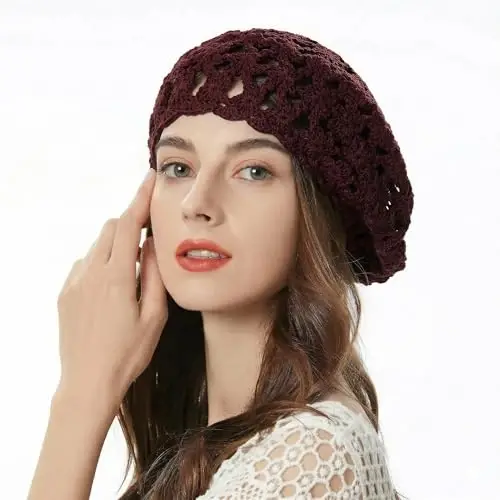 ZLYC Women Cotton Slouchy Crochet Beret Handmade Cutout Floral Beanie Hat - 2