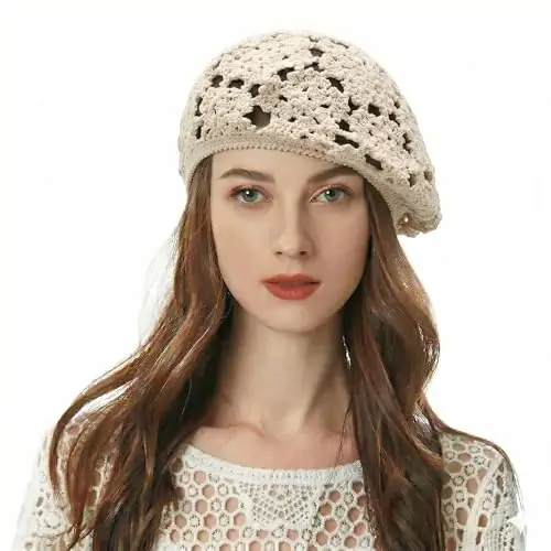 ZLYC Women Cotton Slouchy Crochet Beret Handmade Cutout Floral Beanie Hat 