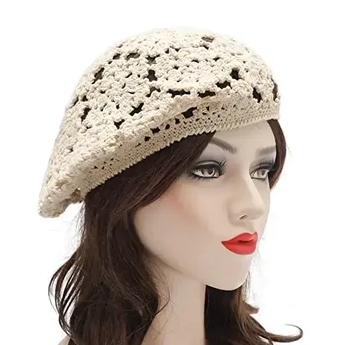 ZLYC Women Cotton Slouchy Crochet Beret Handmade Cutout Floral Beanie Hat - 3
