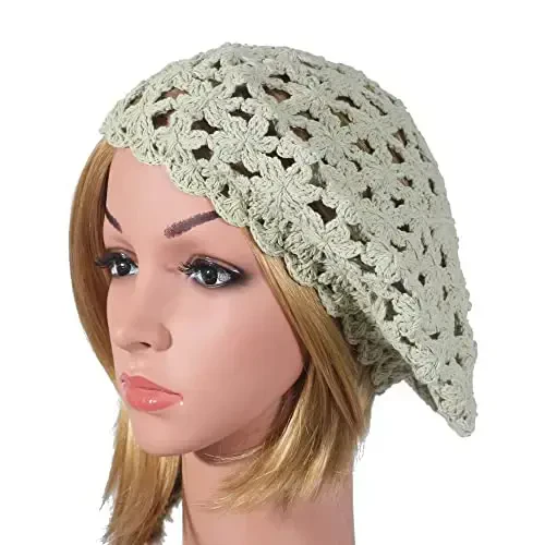 ZLYC Women Cotton Slouchy Crochet Beret Handmade Cutout Floral Beanie Hat - 4