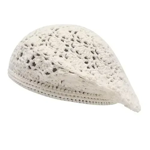 ZLYC Women Cotton Slouchy Crochet Beret Handmade Cutout Floral Beanie Hat 