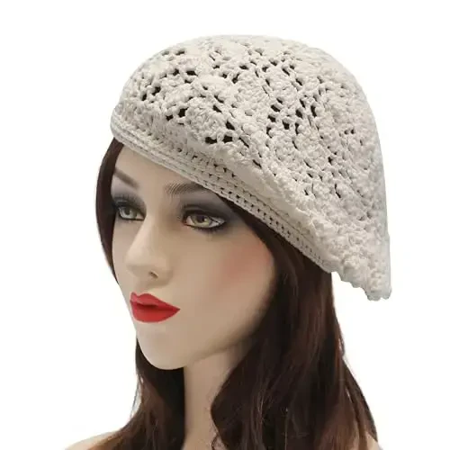 ZLYC Women Cotton Slouchy Crochet Beret Handmade Cutout Floral Beanie Hat - 2