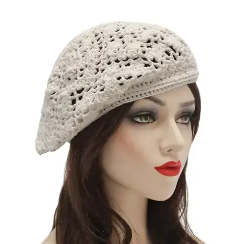 ZLYC Women Cotton Slouchy Crochet Beret Handmade Cutout Floral Beanie Hat - 3