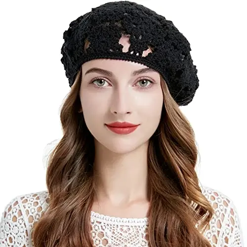 ZLYC Women Cotton Slouchy Crochet Beret Handmade Cutout Floral Beanie Hat 