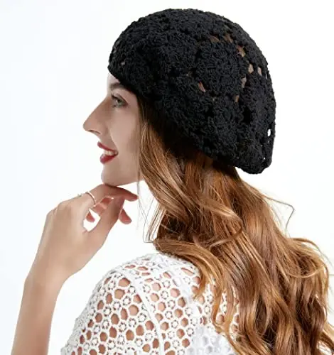 ZLYC Women Cotton Slouchy Crochet Beret Handmade Cutout Floral Beanie Hat - 4