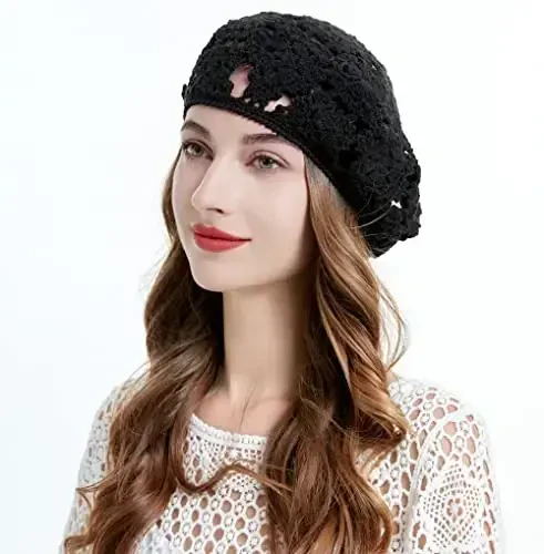 ZLYC Women Cotton Slouchy Crochet Beret Handmade Cutout Floral Beanie Hat - 3