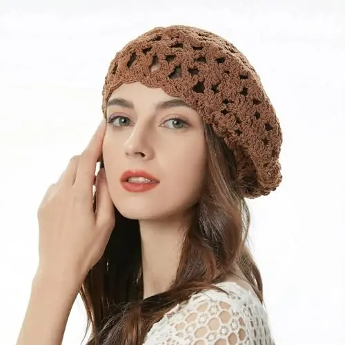 ZLYC Women Cotton Slouchy Crochet Beret Handmade Cutout Floral Beanie Hat - 2