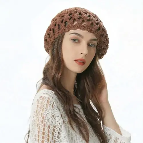 ZLYC Women Cotton Slouchy Crochet Beret Handmade Cutout Floral Beanie Hat - 3
