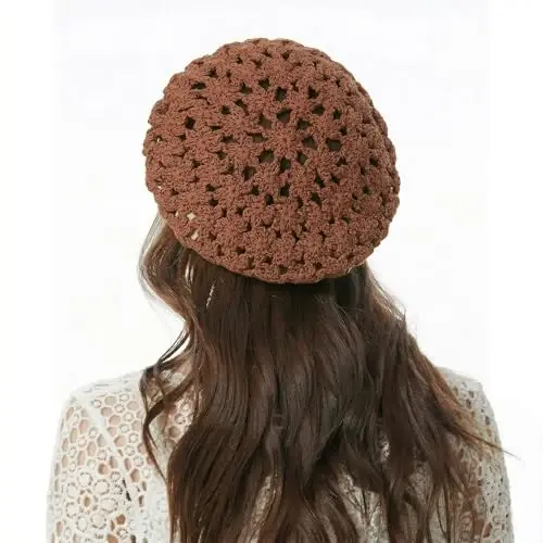 ZLYC Women Cotton Slouchy Crochet Beret Handmade Cutout Floral Beanie Hat - 4