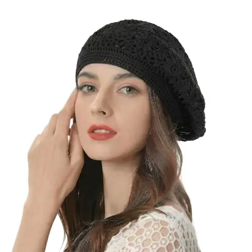 ZLYC Women Cotton Slouchy Crochet Beret Handmade Cutout Floral Beanie Hat - 2