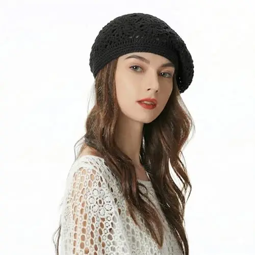 ZLYC Women Cotton Slouchy Crochet Beret Handmade Cutout Floral Beanie Hat - 3