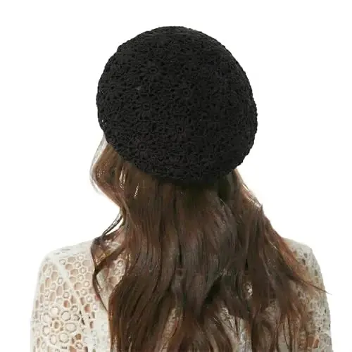 ZLYC Women Cotton Slouchy Crochet Beret Handmade Cutout Floral Beanie Hat - 4