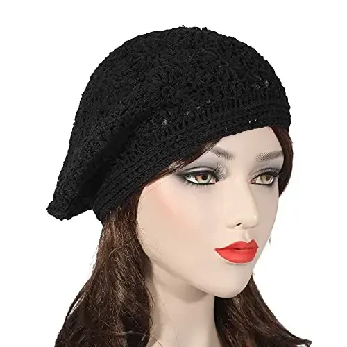 ZLYC Women Cotton Slouchy Crochet Beret Handmade Cutout Floral Beanie Hat - 3