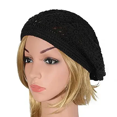 ZLYC Women Cotton Slouchy Crochet Beret Handmade Cutout Floral Beanie Hat - 4
