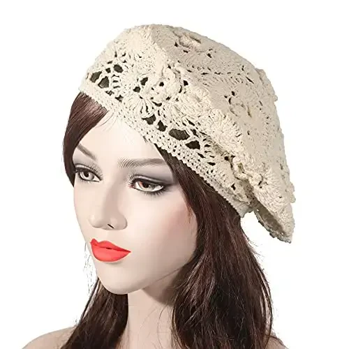 ZLYC Women Cotton Slouchy Crochet Beret Handmade Cutout Floral Beanie Hat - 2