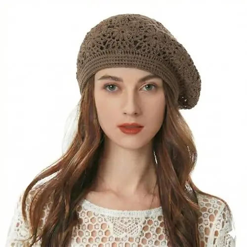 ZLYC Women Cotton Slouchy Crochet Beret Handmade Cutout Floral Beanie Hat 