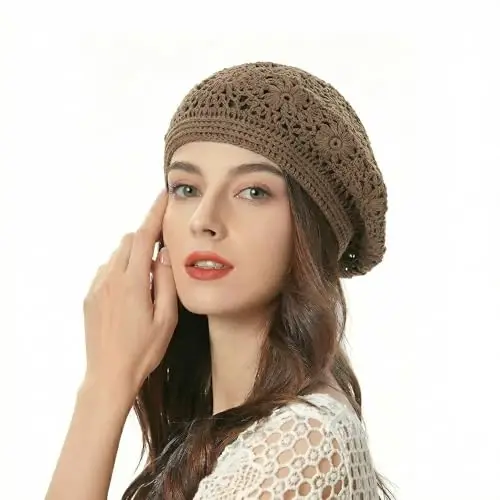 ZLYC Women Cotton Slouchy Crochet Beret Handmade Cutout Floral Beanie Hat - 2