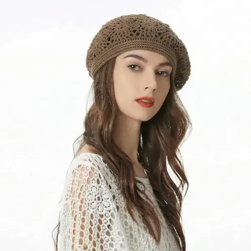 ZLYC Women Cotton Slouchy Crochet Beret Handmade Cutout Floral Beanie Hat - 3