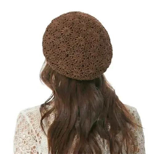 ZLYC Women Cotton Slouchy Crochet Beret Handmade Cutout Floral Beanie Hat - 4