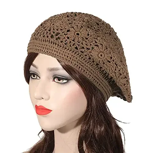 ZLYC Women Cotton Slouchy Crochet Beret Handmade Cutout Floral Beanie Hat - 2