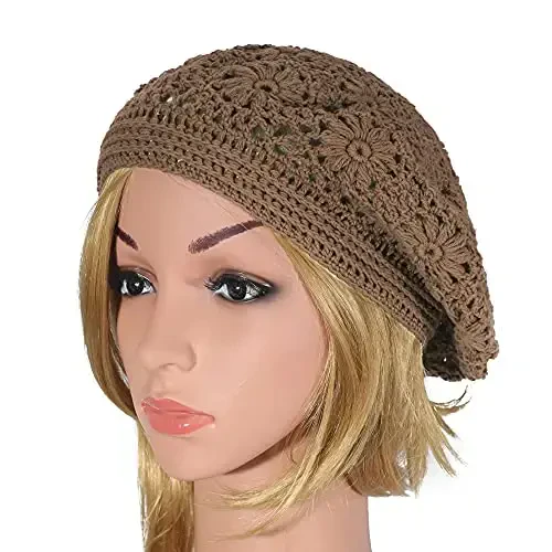 ZLYC Women Cotton Slouchy Crochet Beret Handmade Cutout Floral Beanie Hat - 4