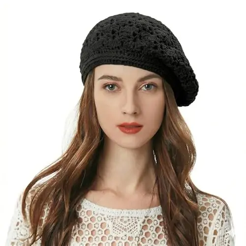 ZLYC Women Cotton Slouchy Crochet Beret Handmade Cutout Floral Beanie Hat 