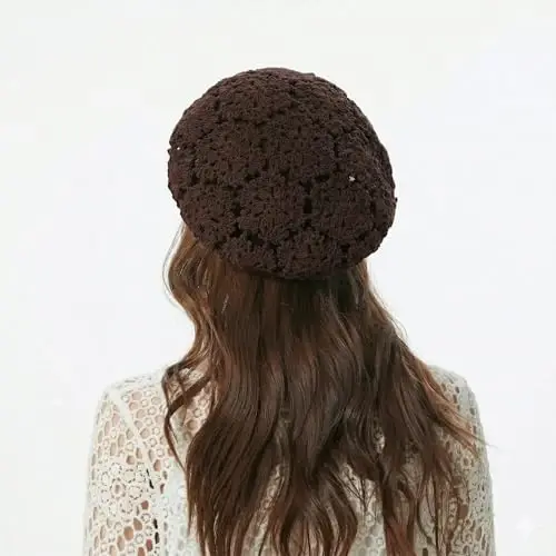ZLYC Women Cotton Slouchy Crochet Beret Handmade Cutout Floral Beanie Hat - 4
