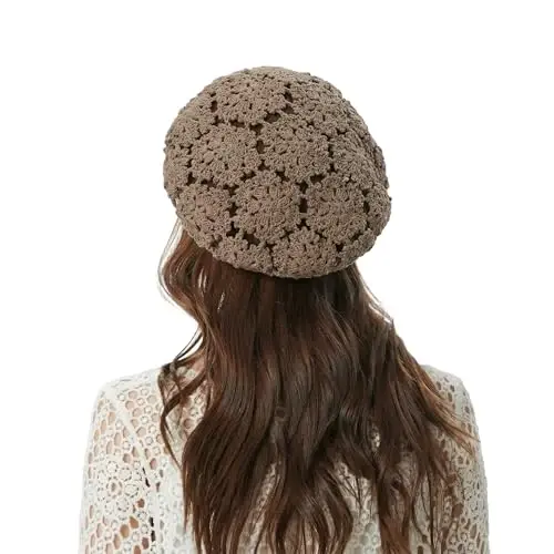 ZLYC Women Cotton Slouchy Crochet Beret Handmade Cutout Floral Beanie Hat - 4