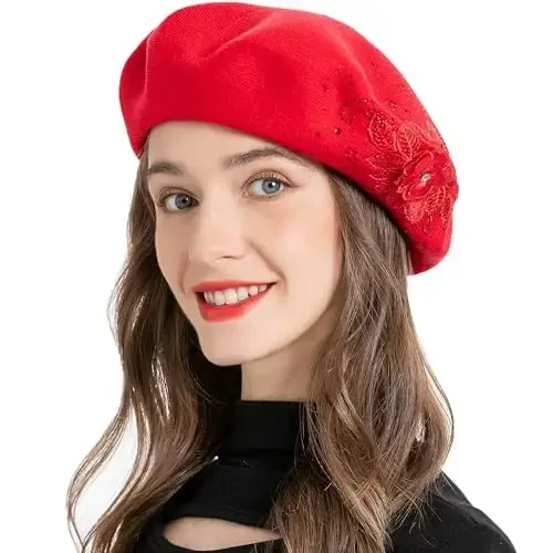 ZLYC Womens French Beret hat, Reversible Solid Color Mosaic Warm Beret Cap for Girls 